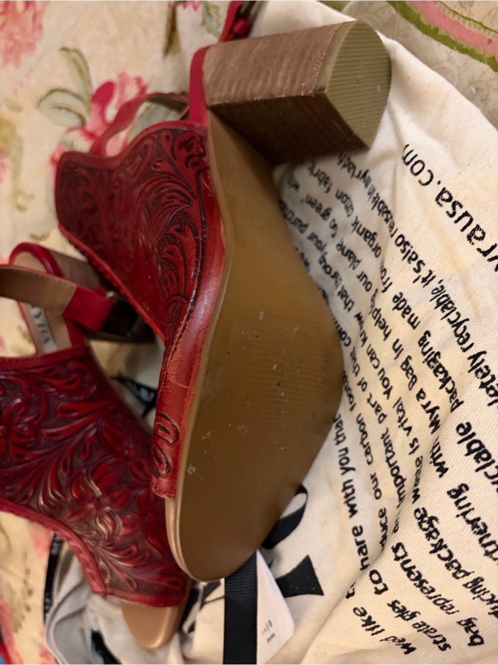 Myra Bag Red Embossed/Tooled Leather Open-Toe Sandal Booties - Picture 6 of 6